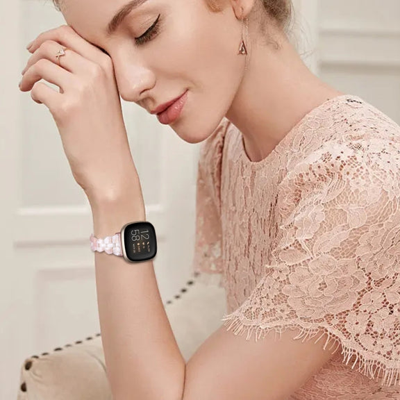 For Fitbit Versa 3 / Sense Universal Rhombus Resin Watch Band(Pink Flower)