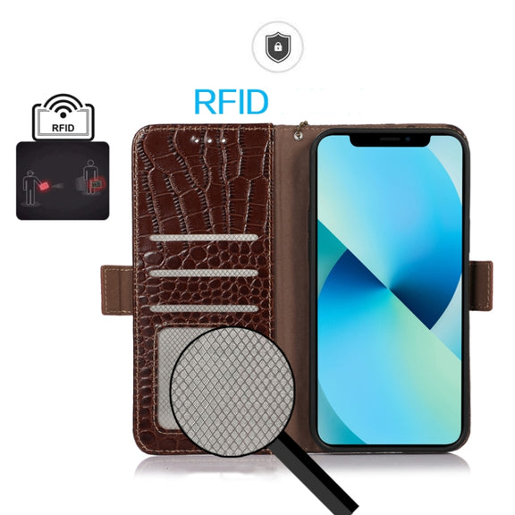 For Xiaomi Redmi 11 Prime 4G Magnetic Crocodile Texture Genuine Leather RFID Phone Case(Brown)