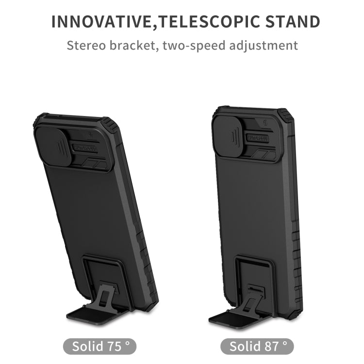 For Samsung Galaxy A04 4G Stereoscopic Holder Sliding Camshield Phone Case(Black) - free shipping - PMC TechLife - Order now!
