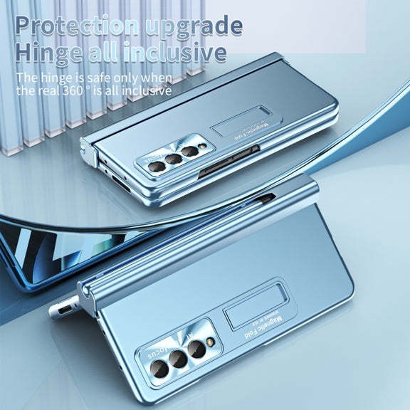 For Samsung Galaxy Z Fold4 Electroplating Corrugated Hinge Folding Phone Case with Pen Slot(Blue)