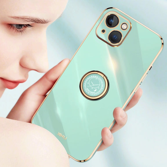For iPhone 13 XINLI Straight Edge 6D Electroplate TPU Phone Case with Ring Holder(Celestial Blue)