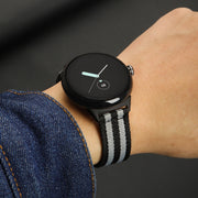 For Google Pixel Watch Woven Nylon Steel Buckle Watch Band(Black+Silver)