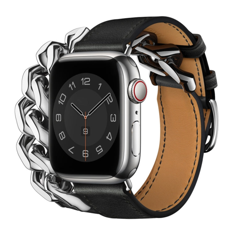 Double Loop Genuine Leather Stainless Steel Watch Band For Apple Watch Series 9&8&7 41mm / SE 3&SE 2&6&SE&5&4 40mm / 3&2&1 38mm(Black) - free shipping - PMC TechLife - Order now!