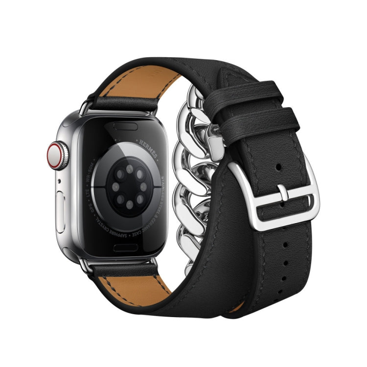 Double Loop Genuine Leather Stainless Steel Watch Band For Apple Watch Series 9&8&7 41mm / SE 3&SE 2&6&SE&5&4 40mm / 3&2&1 38mm(Black) - free shipping - PMC TechLife - Order now!