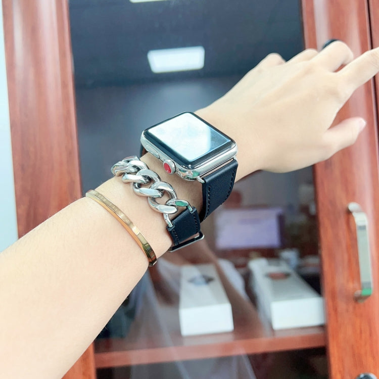 Double Loop Genuine Leather Stainless Steel Watch Band For Apple Watch Series 9&8&7 41mm / SE 3&SE 2&6&SE&5&4 40mm / 3&2&1 38mm(Black) - free shipping - PMC TechLife - Order now!