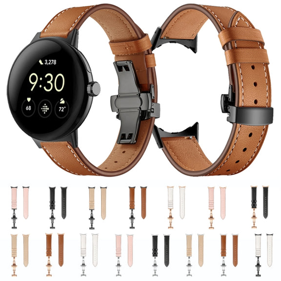For Google Pixel Watch Butterfly Buckle Genuine Leather Watch Band(Silver White)