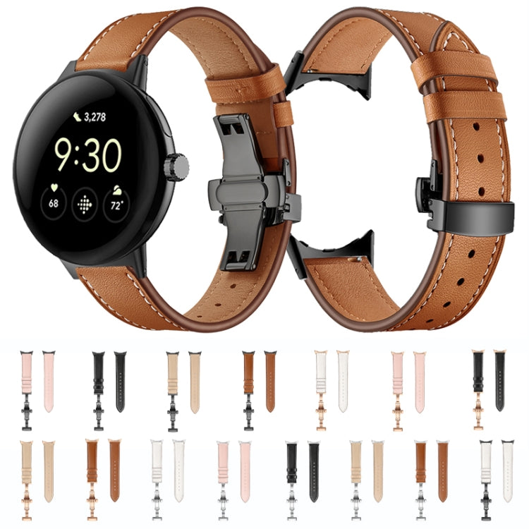 For Google Pixel Watch Butterfly Buckle Genuine Leather Watch Band(Silver White)