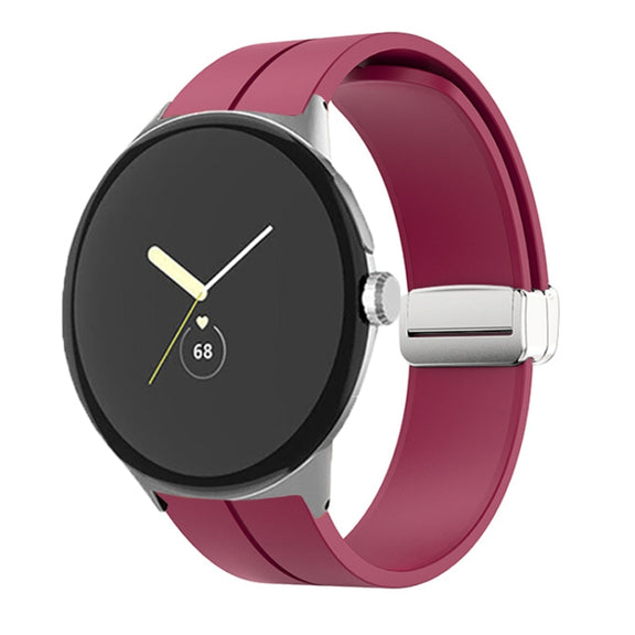 For Google Pixel Watch Solid-color Folding Buckle Silicone Watch Band(Silver Wine Red)
