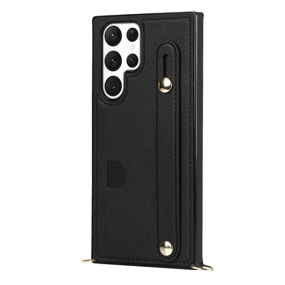 For Samsung Galaxy S23 Ultra 5G Cross-body Wristband Holder Square Phone Case(Black)