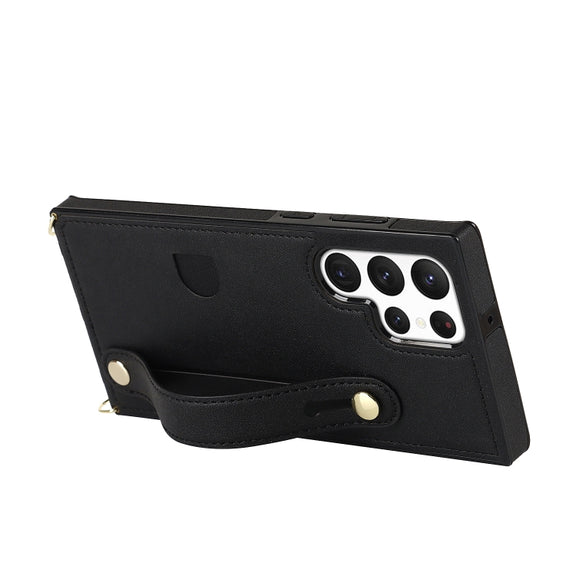 For Samsung Galaxy S23 Ultra 5G Cross-body Wristband Holder Square Phone Case(Black)