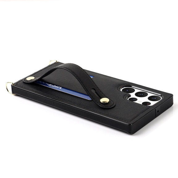 For Samsung Galaxy S23 Ultra 5G Cross-body Wristband Holder Square Phone Case(Black)