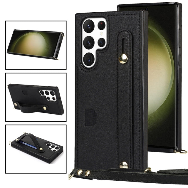For Samsung Galaxy S23 Ultra 5G Cross-body Wristband Holder Square Phone Case(Black)