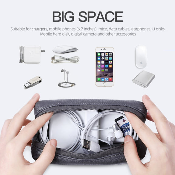 Leather Power Pack Charger Data Cable Mouse Digital Storage Bag(Dark Grey)