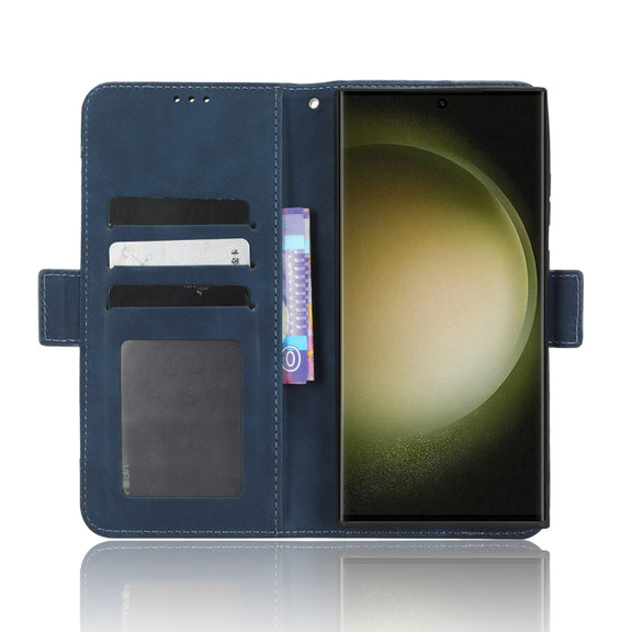 For Samsung Galaxy S23 Ultra 5G Skin Feel Calf Texture Card Slots Leather Phone Case(Blue)