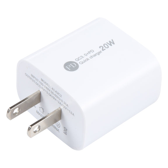 PD 20W USB-C/Type-C+QC 3.0 USB Interface Fast Charge Charger, Specification: US Plug(White)