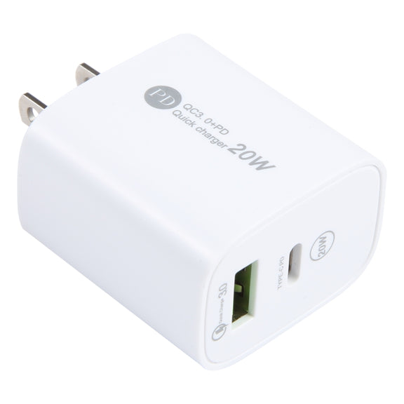 PD 20W USB-C/Type-C+QC 3.0 USB Interface Fast Charge Charger, Specification: US Plug(White)