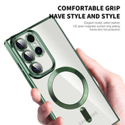 For Samsung Galaxy S23 Ultra 5G CD Texture Plating TPU MagSafe Phone Case with Lens Film(Brown)