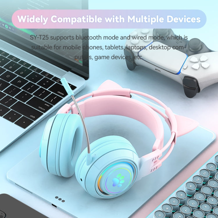 T25 RGB Stereo Cat Ear Bluetooth Wireless Headphones with Detachable Microphone(Pink)