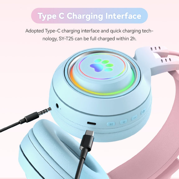 T25 RGB Stereo Cat Ear Bluetooth Wireless Headphones with Detachable Microphone(Pink)