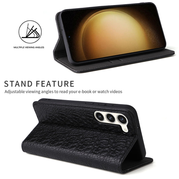 For Samsung Galaxy S23 5G Fierre Shann Crocodile Texture Magnetic Genuine Leather Phone Case(Black)