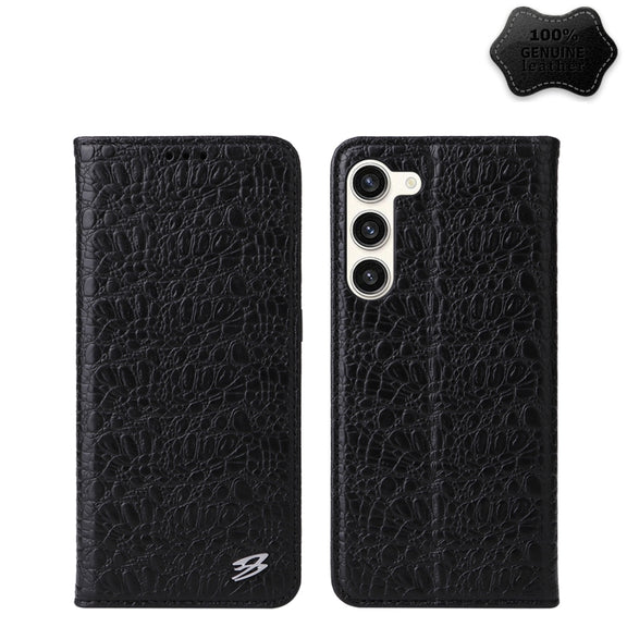 For Samsung Galaxy S23 5G Fierre Shann Crocodile Texture Magnetic Genuine Leather Phone Case(Black)