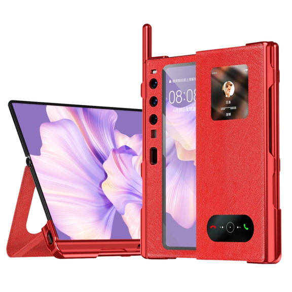 For Huawei Mate Xs 2 integrated Cross Pattern Electroplating All-inclusive Phone Case with Stand(Red)