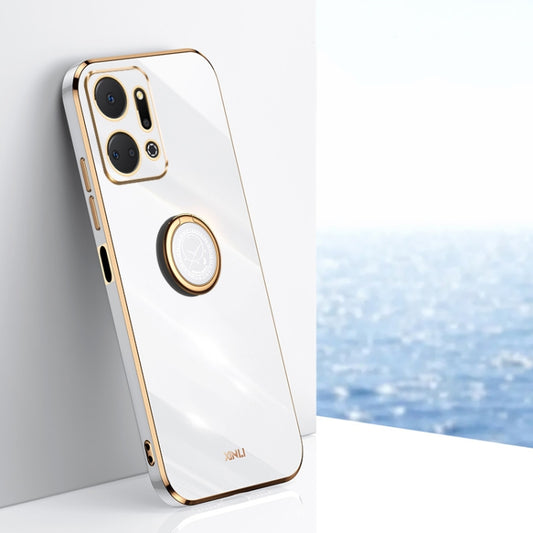 For Honor X7a 2023 XINLI Straight Edge 6D Electroplate TPU Phone Case with Ring Holder(White) - Honor Cases by XINLI | Online Shopping South Africa | PMC Jewellery | Buy Now Pay Later Mobicred