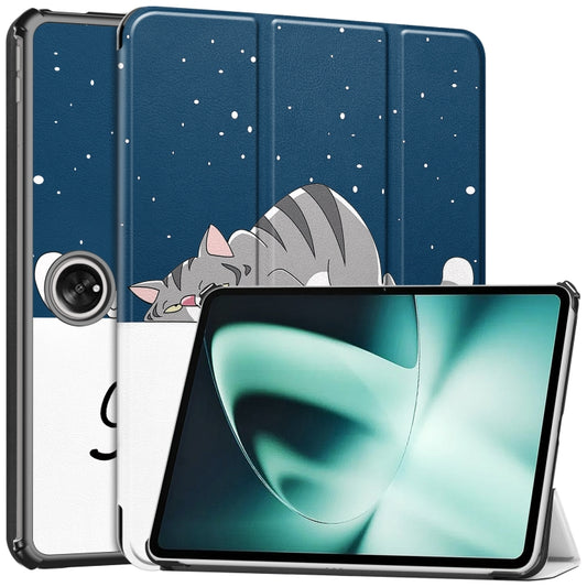 For OnePlus Pad Custer Painted 3-Fold Holder Smart Leather Tablet Case(Lazy Cat) - free shipping - PMC Jewellery - Order now!