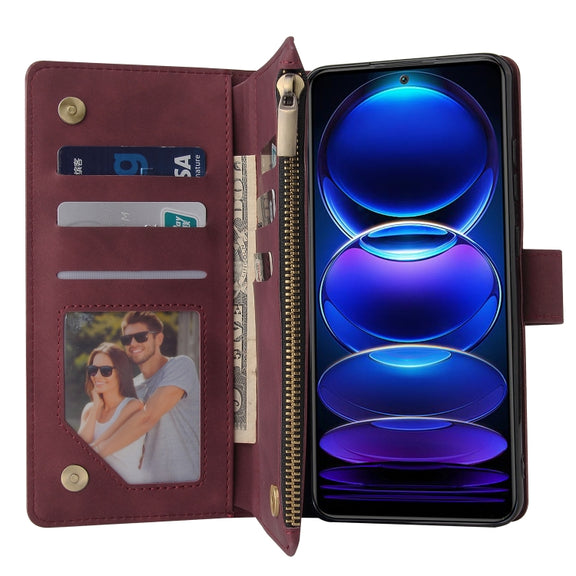 For Xiaomi Redmi Note 12 5G Global India / Poco X5 Multifunctional Multi-Card Wallet Phone Leather Case(Wine Red)