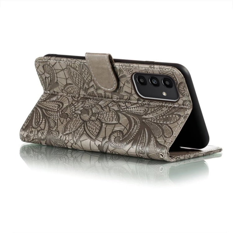 For Samsung Galaxy A14 4G Lace Flower Embossing Flip Leather Phone Case(Grey) - free shipping - PMC TechLife - Order now!