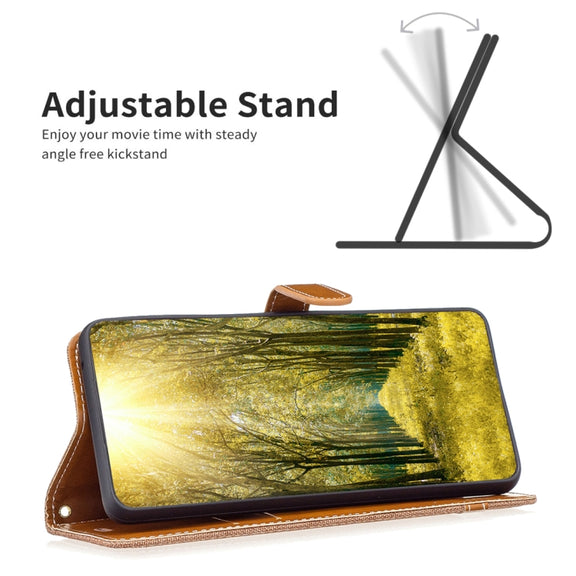 For Samsung Galaxy M14 5G Color Block Denim Texture Leather Phone Case(Brown)