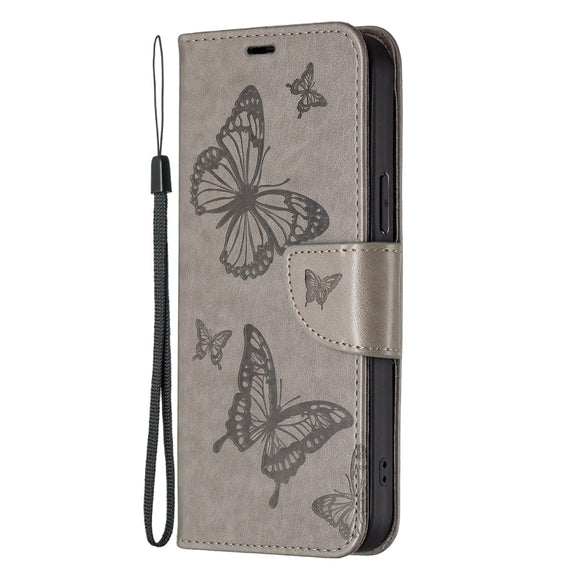 For Xiaomi Redmi Note 12 4G Global Two Butterflies Embossing Leather Phone Case(Grey)
