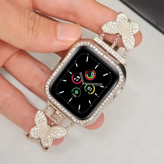 Butterfly Metal Diamond Watch Band For Apple Watch Ultra 49mm&Watch Ultra 2 49mm / Series 9&8&7 45mm / SE 3&SE 2&6&SE&5&4 44mm / 3&2&1 42mm(Starlight)