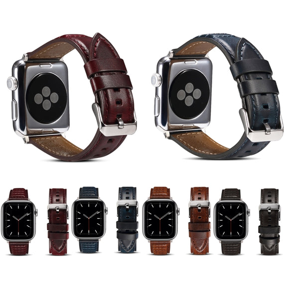 Oil Wax Genuine Leather Watch Band For Apple Watch Ultra 49mm&Watch Ultra 2 49mm / Series 9&8&7 45mm / SE 3&SE 2&6&SE&5&4 44mm / 3&2&1 42mm (Blue)