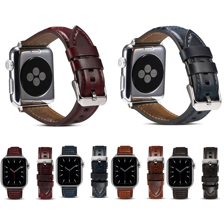Oil Wax Genuine Leather Watch Band For Apple Watch Ultra 49mm&Watch Ultra 2 49mm / Series 9&8&7 45mm / SE 3&SE 2&6&SE&5&4 44mm / 3&2&1 42mm (Blue)