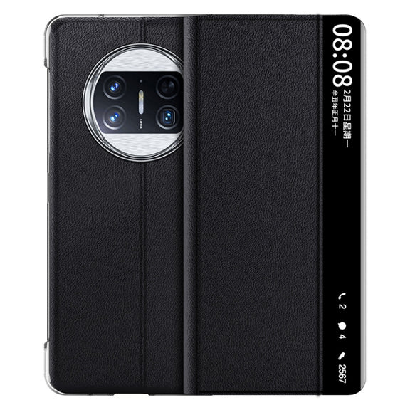 For Huawei Mate X3 Plain Magnetic Phone Case with Smart View Window & Holder(Black)