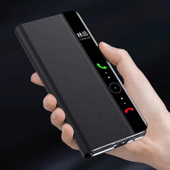 For Huawei Mate X3 Plain Magnetic Phone Case with Smart View Window & Holder(Black)