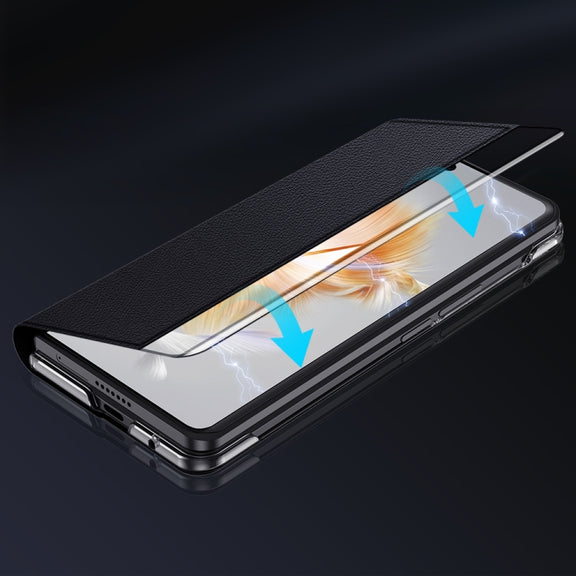 For Huawei Mate X3 Plain Magnetic Phone Case with Smart View Window & Holder(Black)