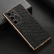For Samsung Galaxy S23 Ultra 5G Genuine Leather Ostrich Texture Nano Electroplating Phone Case(Black)