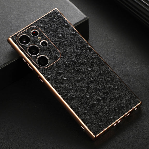 For Samsung Galaxy S23 Ultra 5G Genuine Leather Ostrich Texture Nano Electroplating Phone Case(Black)