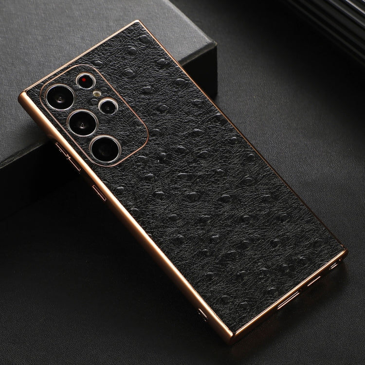For Samsung Galaxy S23 Ultra 5G Genuine Leather Ostrich Texture Nano Electroplating Phone Case(Black)