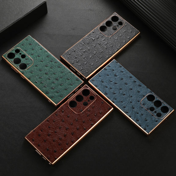 For Samsung Galaxy S23 Ultra 5G Genuine Leather Ostrich Texture Nano Electroplating Phone Case(Black)