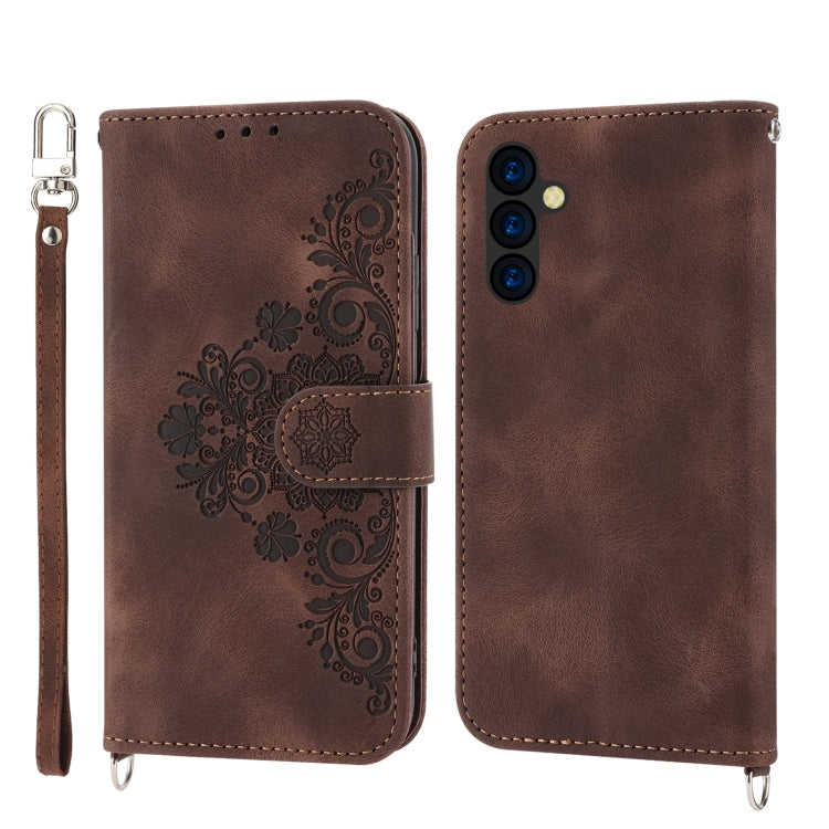 For Samsung Galaxy A24 4G Global Skin-feel Flowers Embossed Wallet Leather Phone Case(Brown) - free shipping - PMC TechLife - Order now!