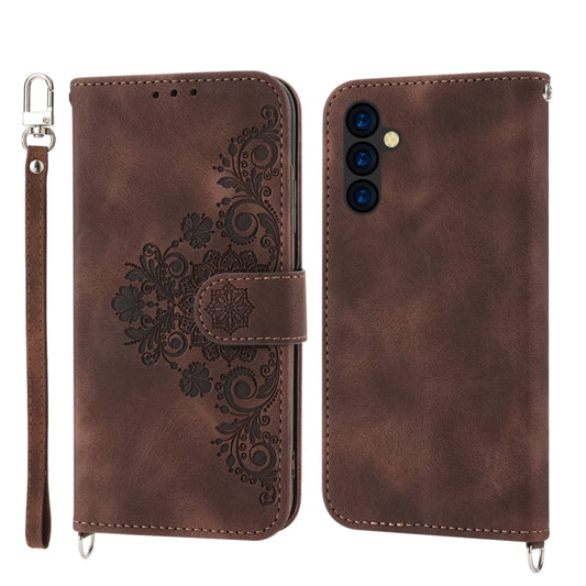 For Samsung Galaxy A24 4G Global Skin-feel Flowers Embossed Wallet Leather Phone Case(Brown) - free shipping - PMC Jewellery - Order now!