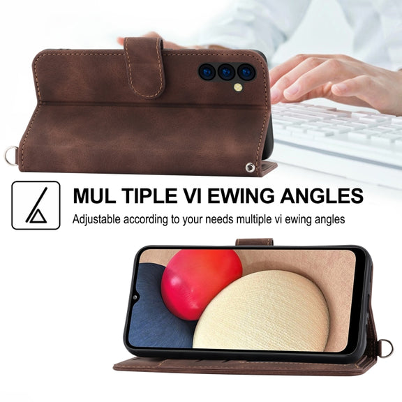 For Samsung Galaxy A24 4G Global Skin-feel Flowers Embossed Wallet Leather Phone Case(Brown)