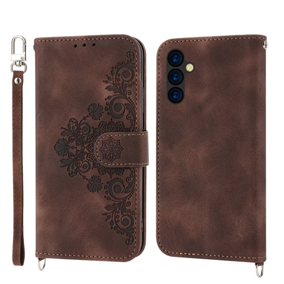 For Samsung Galaxy A24 4G Global Skin-feel Flowers Embossed Wallet Leather Phone Case(Brown)