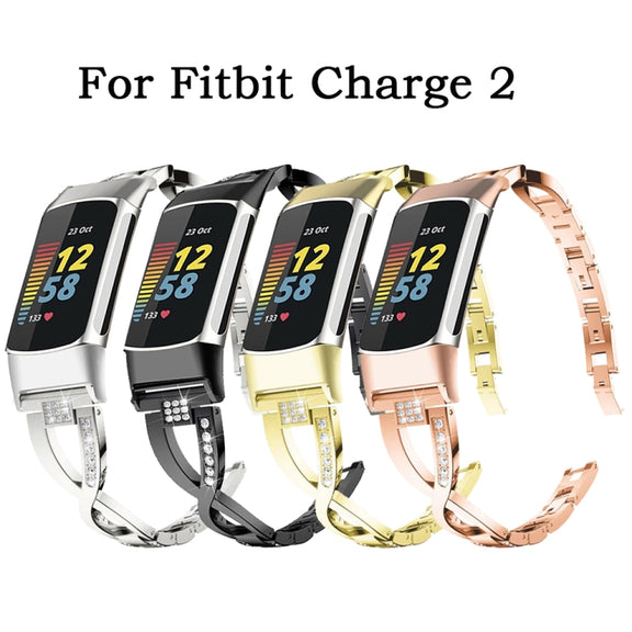For Fitbit Charge 2 Diamond Metal Watch Band(Black)
