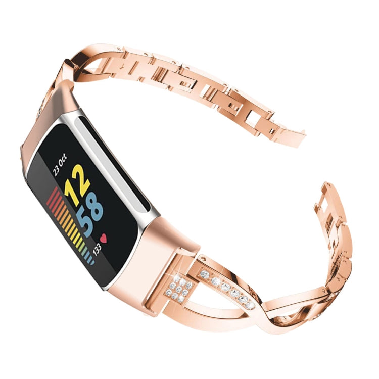 For Fitbit Charge 3 / 4 Diamond Metal Watch Band(Rose Gold)