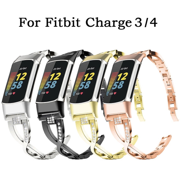 For Fitbit Charge 3 / 4 Diamond Metal Watch Band(Rose Gold)