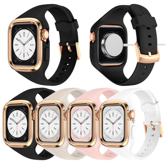 Stainless Steel Frame Silicone Watch Band For Apple Watch Series 8&7 41mm / SE 2&6&SE&5&4 40mm / 3&2&1 38mm(Pink)
